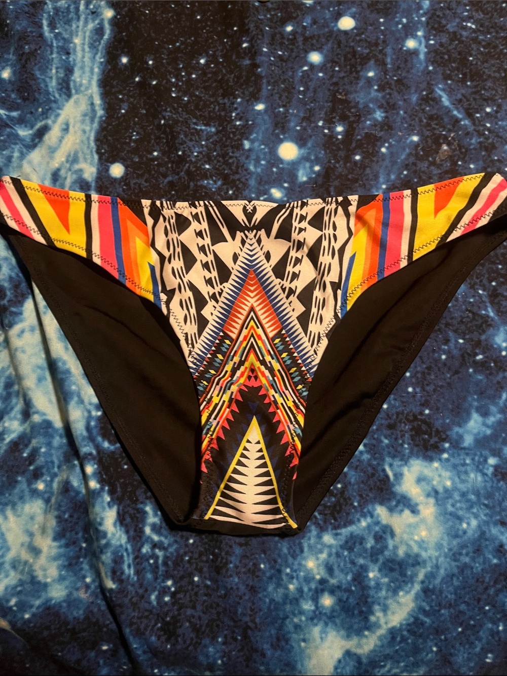 Black Bikini Bottom with Multicolor Aztec Print Accent